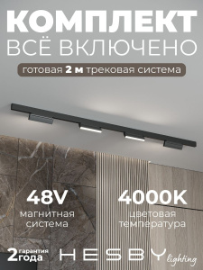 Трековая система со светильниками №4 трехфазная накладная Eldeko (48В, форма - прямая, 2м, 4000K) черная Hesby Lighting HSBL_kompl_E004_NI2B4K