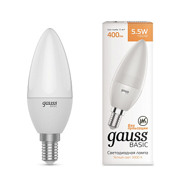 Лампа светодиодная Gauss Basic E14 5,5W 3000K Свеча белая (3 шт.) 1033116K