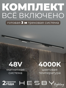 Трековая система со светильниками №6 трехфазная накладная Eldeko (48В, форма - прямая, 3м, 4000K) черная Hesby Lighting HSBL_kompl_E006_NI3B4K