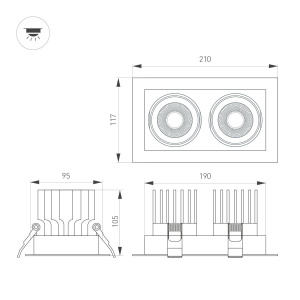 Встраиваемый карданный светильник Arlight MS-VORTEX-BUILT-S210x117-2x20W Warm3000 (WH-WH, 20 deg, 230V) (IP20 Металл) 057762