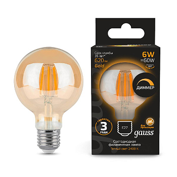 Лампа светодиодная филаментная диммируемая Gauss E27 6W 2400K груша золотая 105802006-D