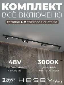 Трековая система со светильниками №5 трехфазная накладная Eldeko (48В, форма - прямая, 3м, 3000K) черная Hesby Lighting HSBL_kompl_E005_NI3B3K