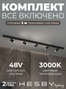 Трековая система со светильниками №3 трехфазная накладная Eldeko (48В, форма - прямая, 2м, 3000K) черная Hesby Lighting HSBL_kompl_E003_NI2B3K