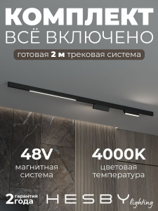 Трековая система со светильниками №6 трехфазная накладная Eldeko (48В, форма - прямая, 2м, 4000K) черная Hesby Lighting HSBL_kompl_E006_NI2B4K_02