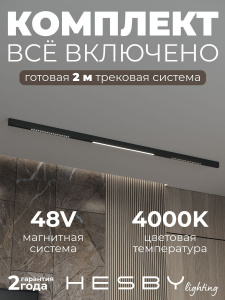 Трековая система со светильниками №8 трехфазная накладная Eldeko (48В, форма - прямая, 2м, 4000K) черная Hesby Lighting HSBL_kompl_E008_NI2B4K